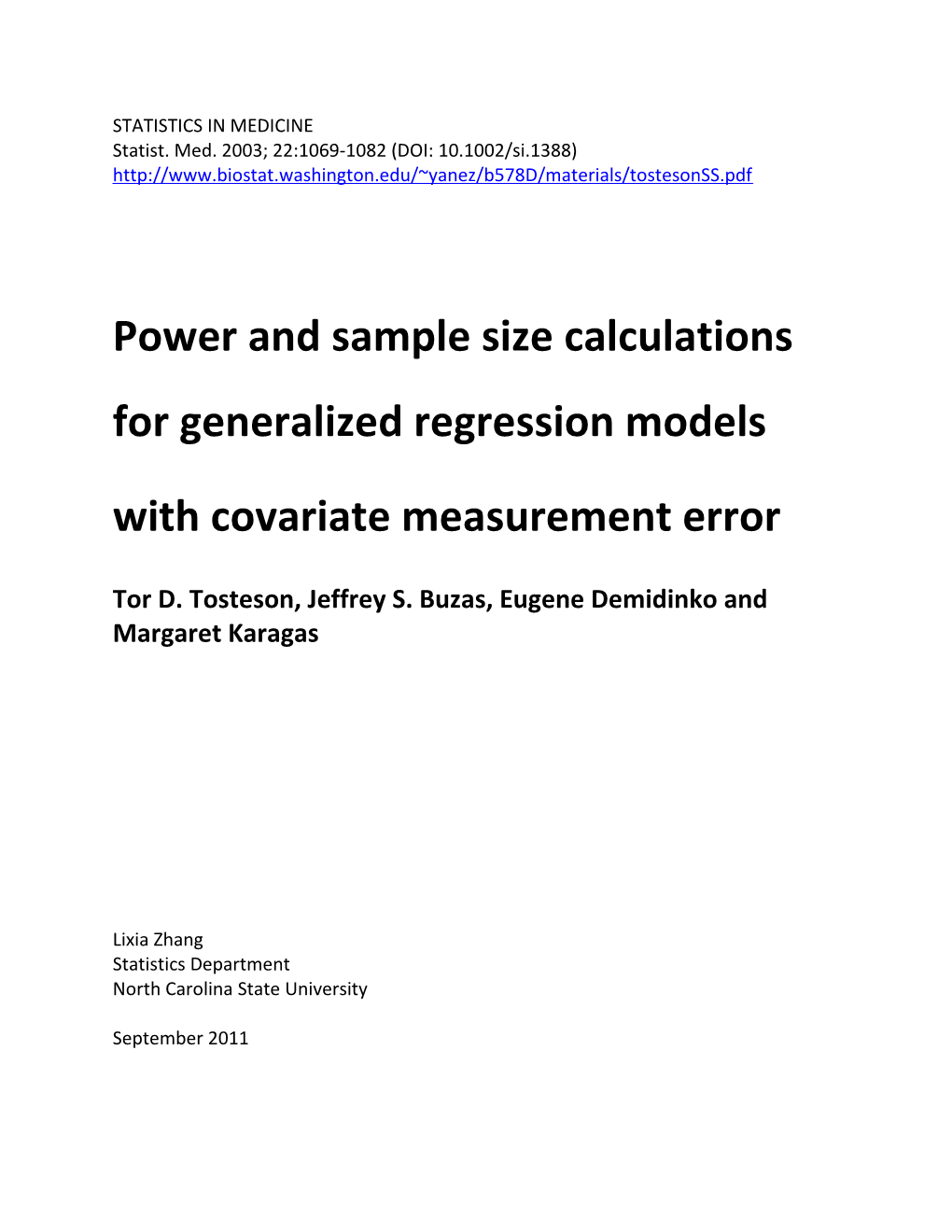 Power and Sample Size Calculations for Generalized Regression Models