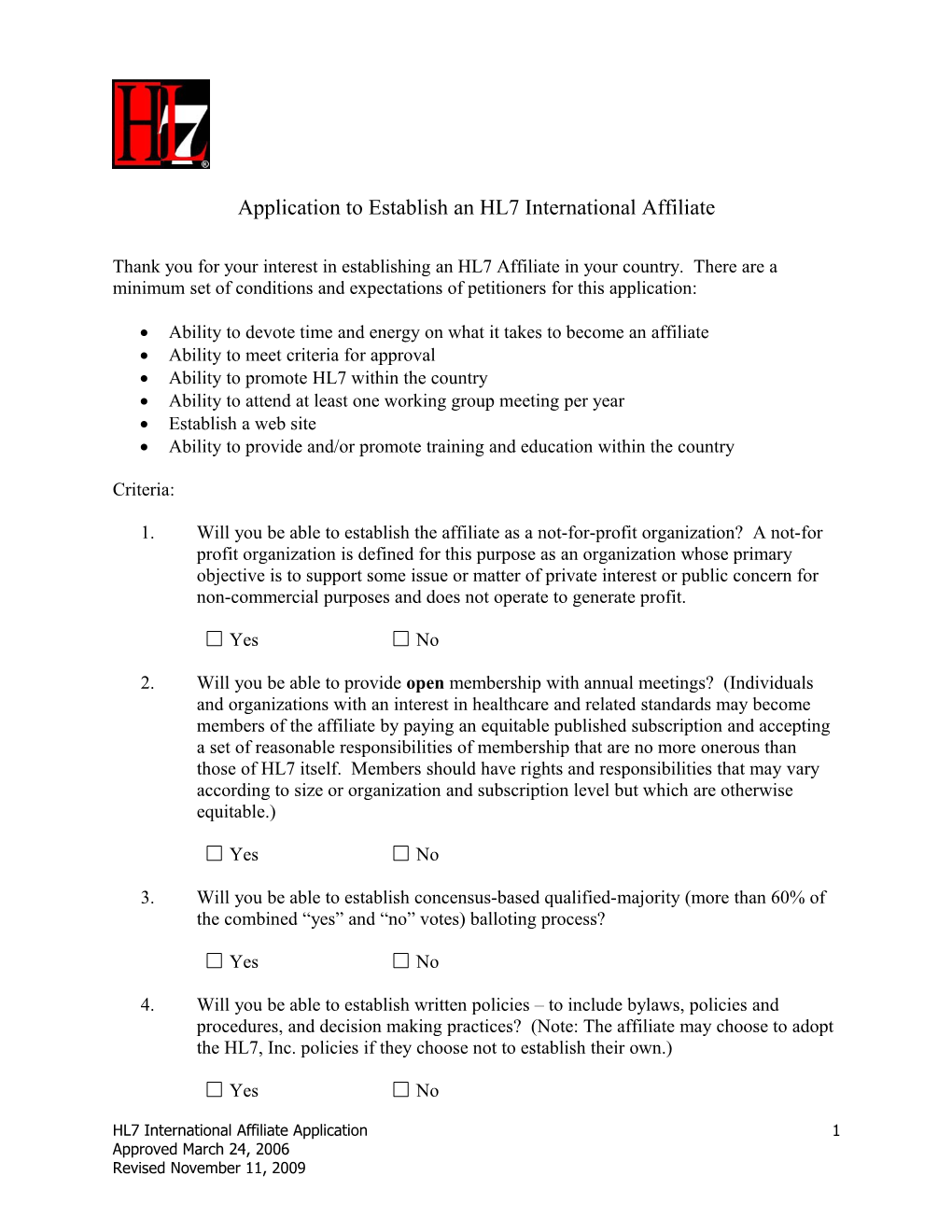 Application to Form an HL7 International Affiliate