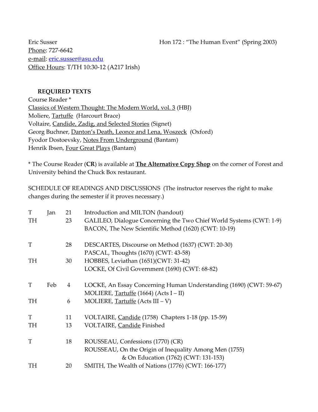 Eric Susser Hon 172 : the Human Event (Spring 2003)