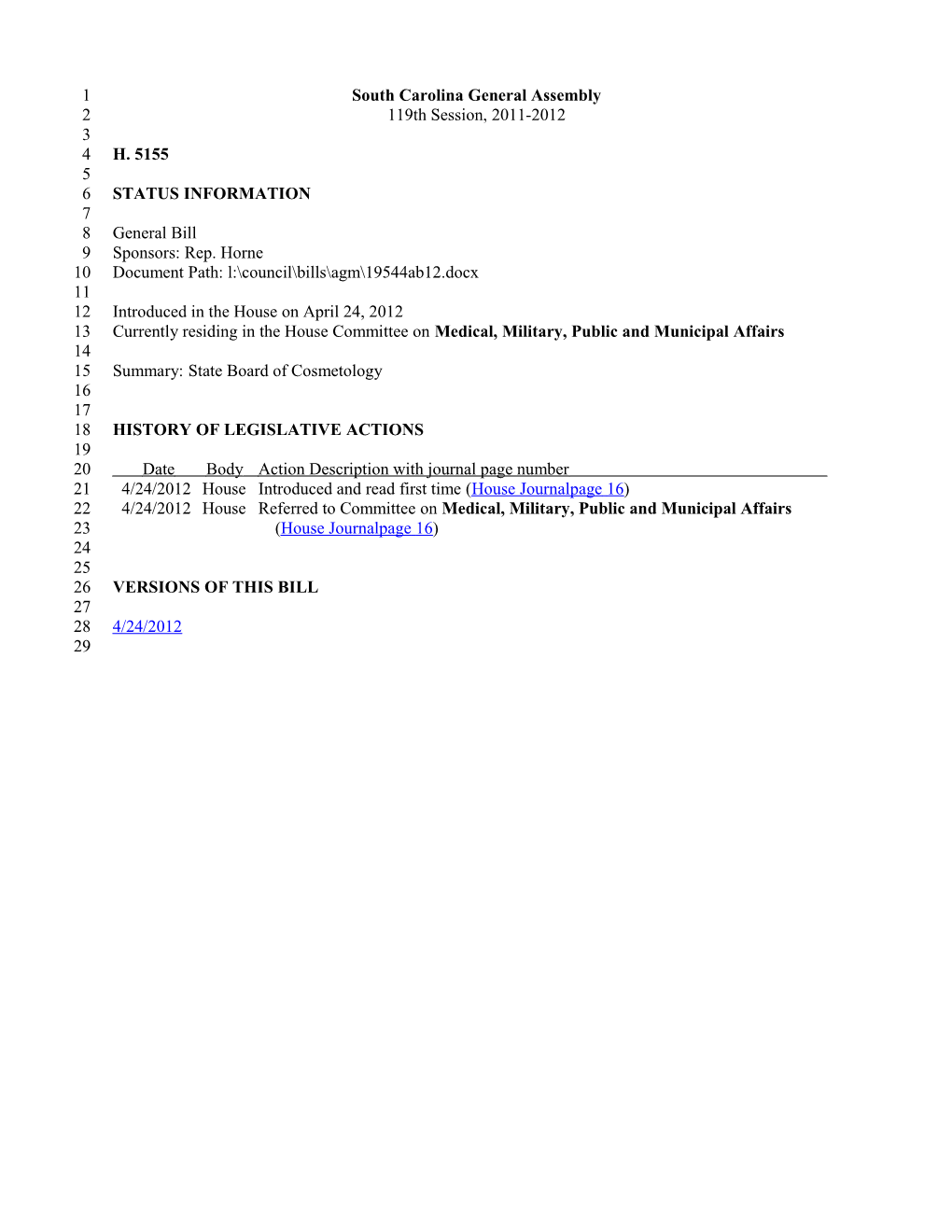 2011-2012 Bill 5155: State Board of Cosmetology - South Carolina Legislature Online