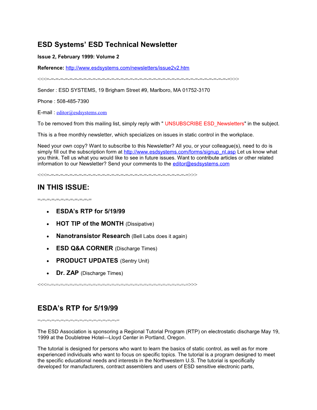 ESD Systems ESD Technical Newsletter