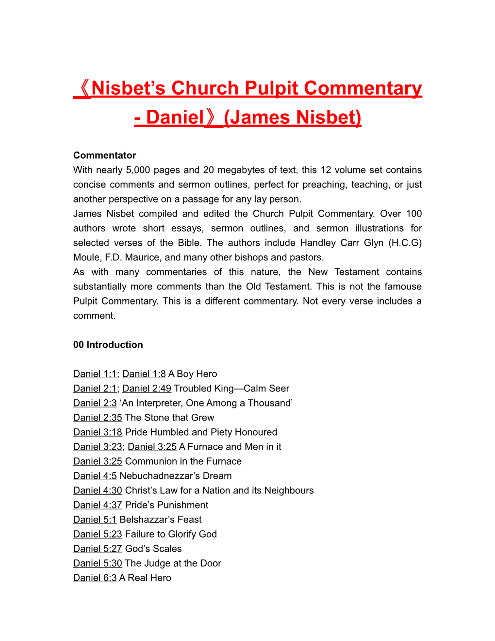 Nisbet S Church Pulpit Commentary - Daniel (James Nisbet)