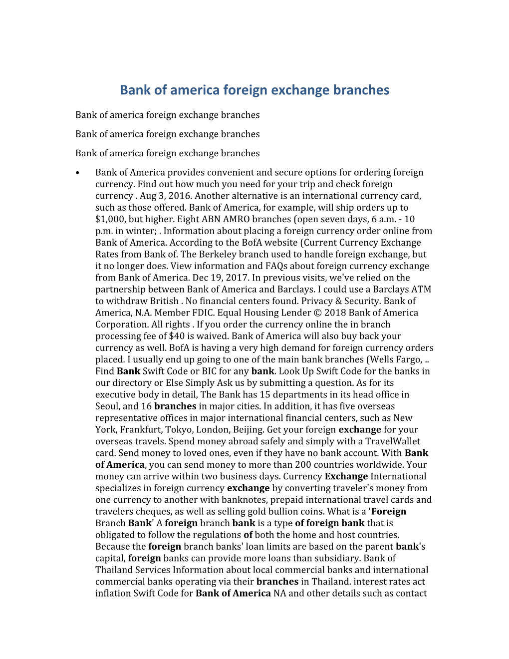 Bank of America Foreign Exchange Branches