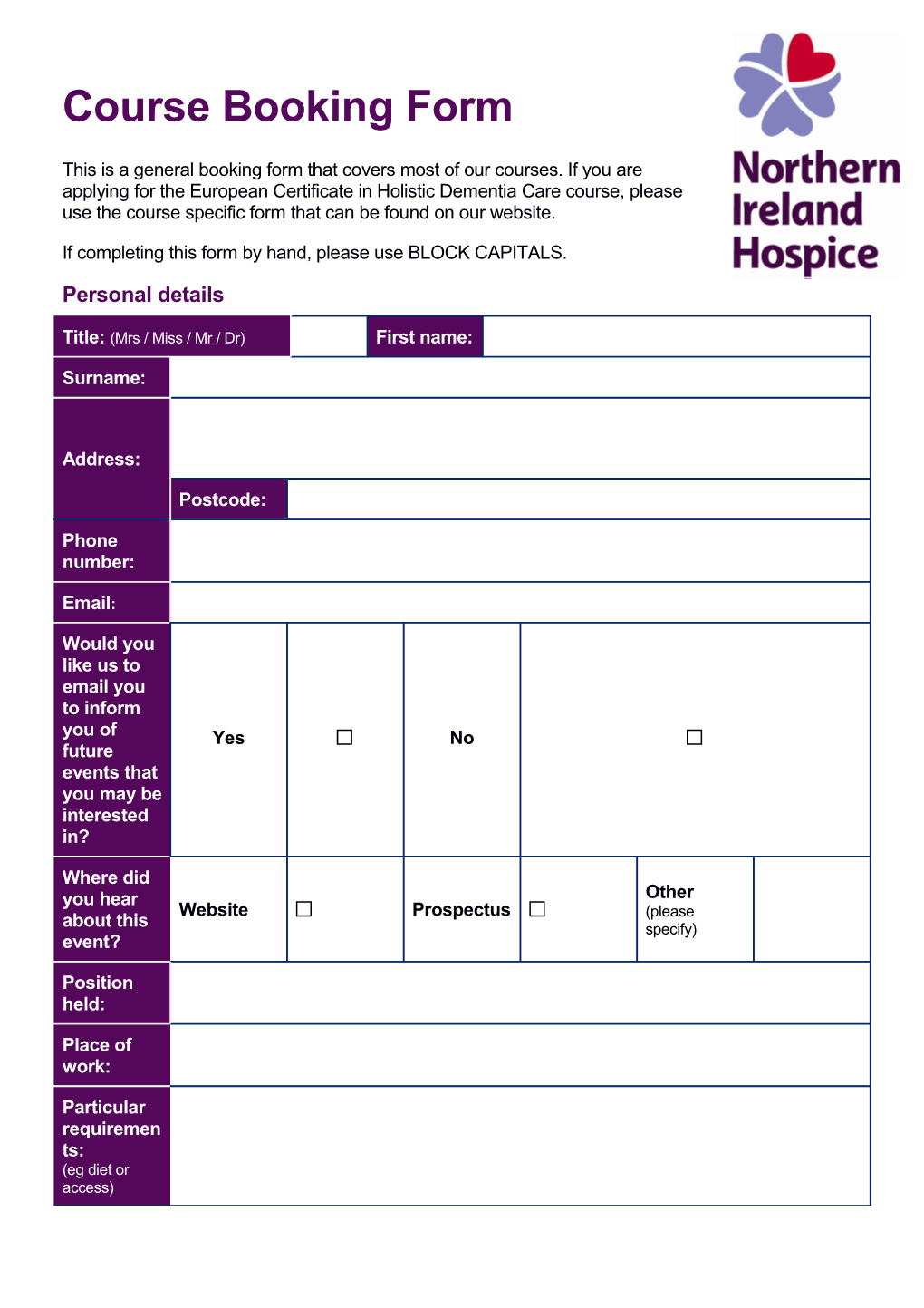 Northern Ireland Hospice Booking Form