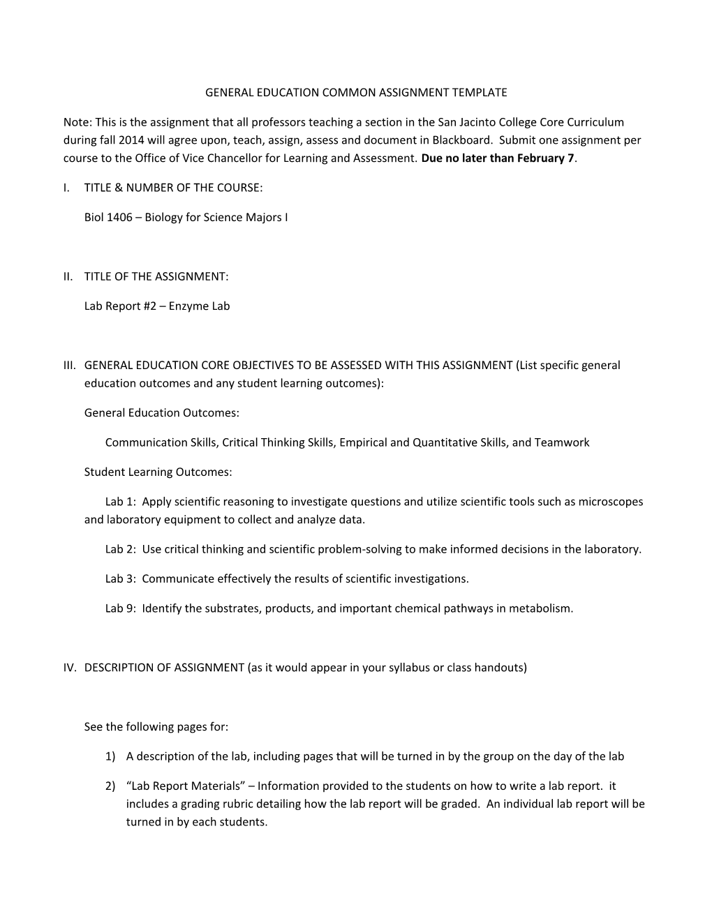 General Education Common Assignment Template