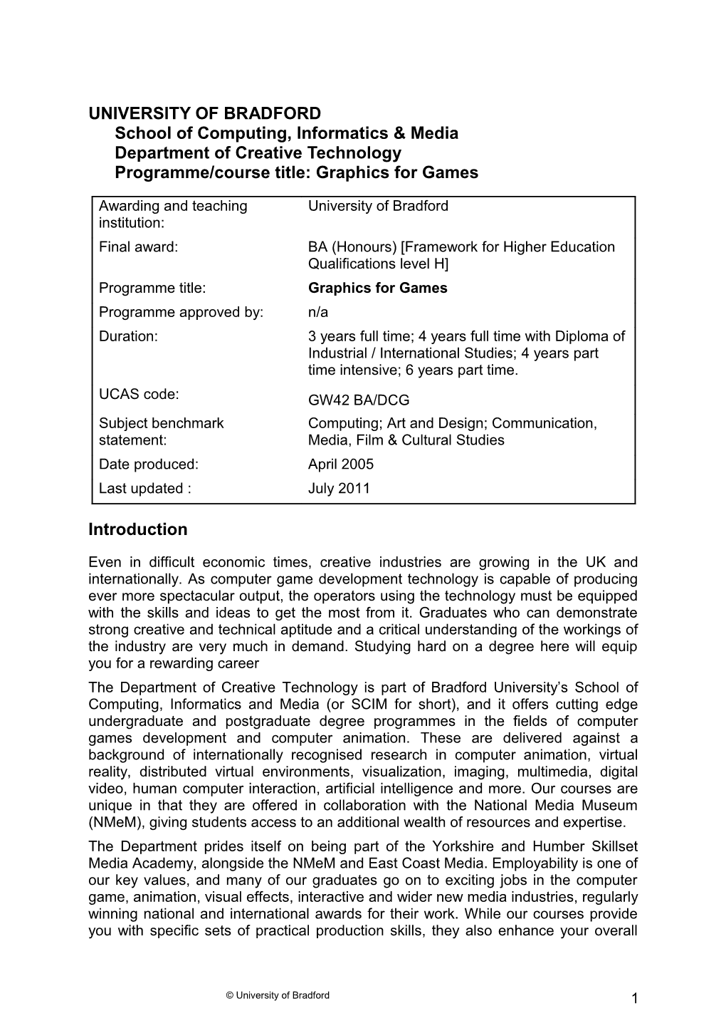 UNIVERSITY of Bradfordschool of Computing, Informatics & Mediadepartment of Creative