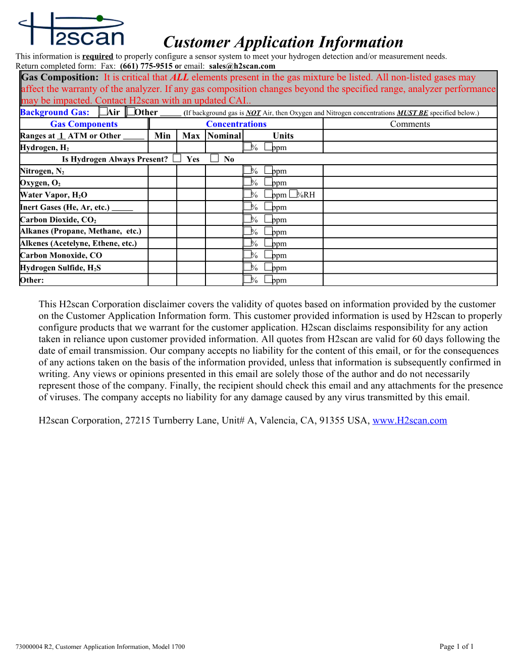 Customer Order Proposal/Questionnaire