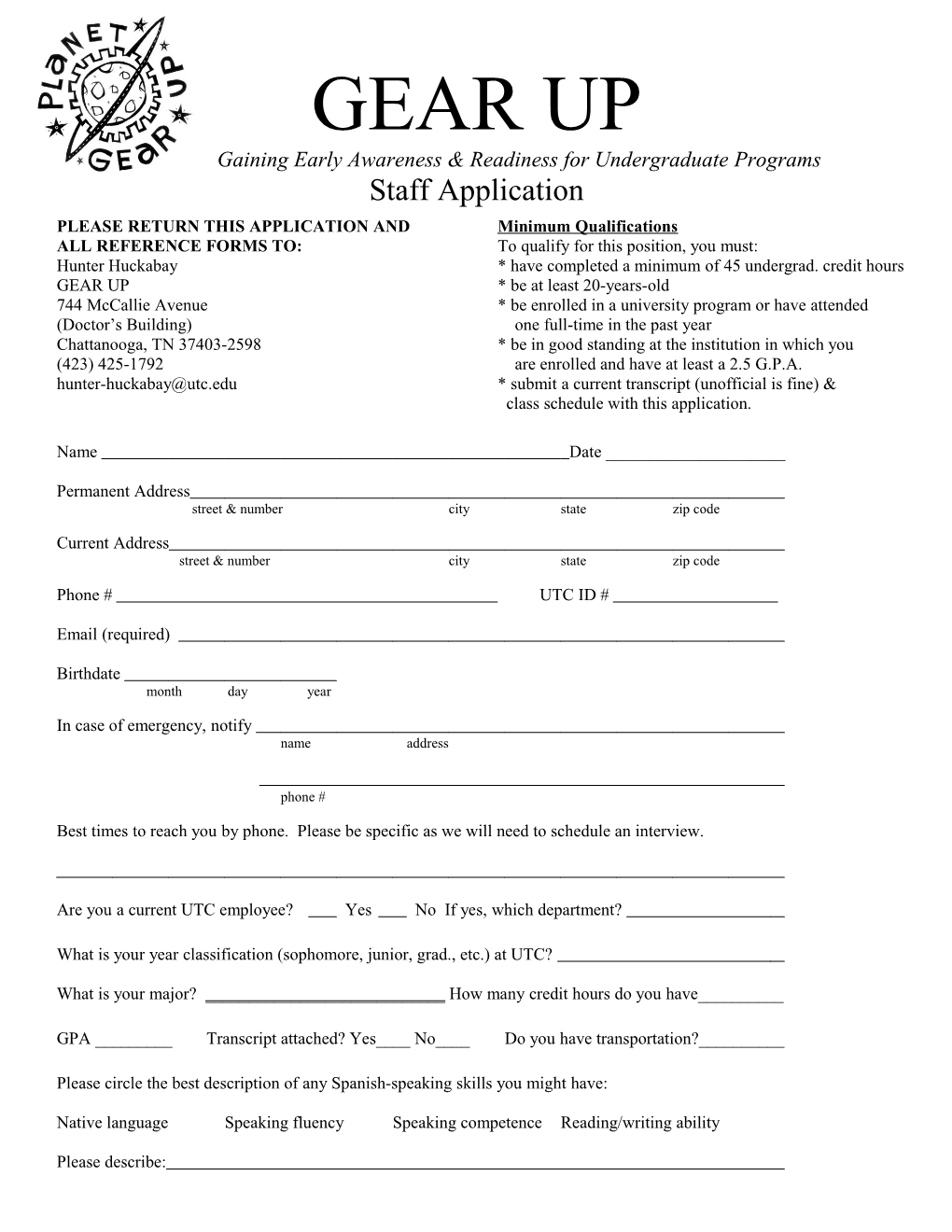 PLEASE RETURN THIS APPLICATION and Minimum Qualifications