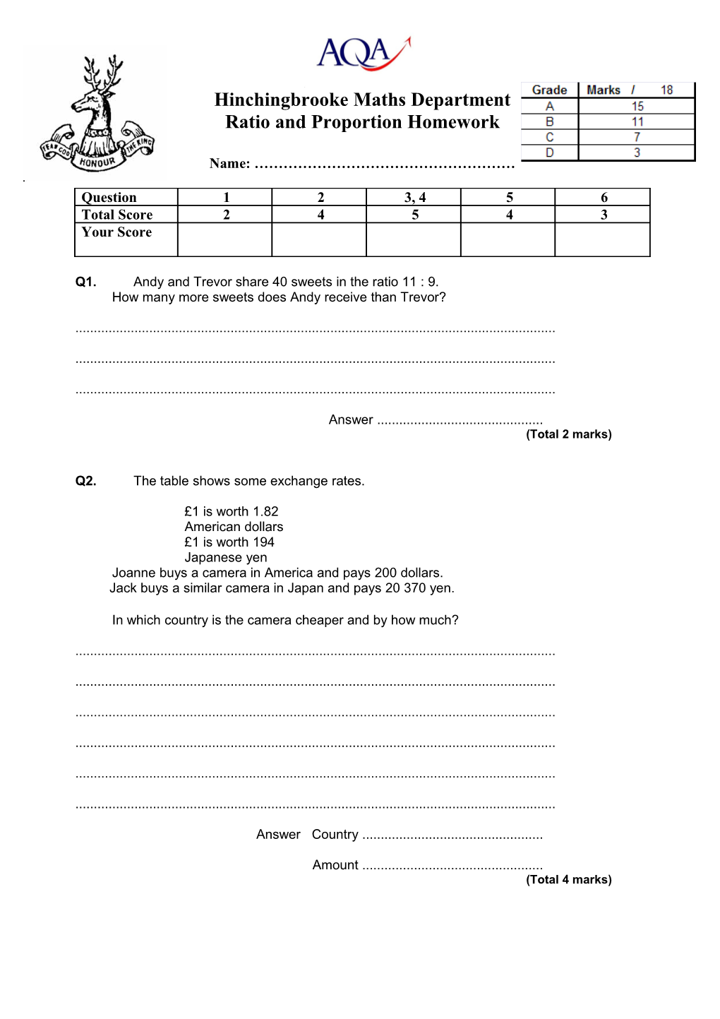 Ratio and Proportion Homework