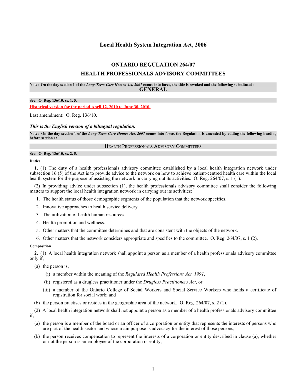 Local Health System Integration Act, 2006 - O. Reg. 264/07