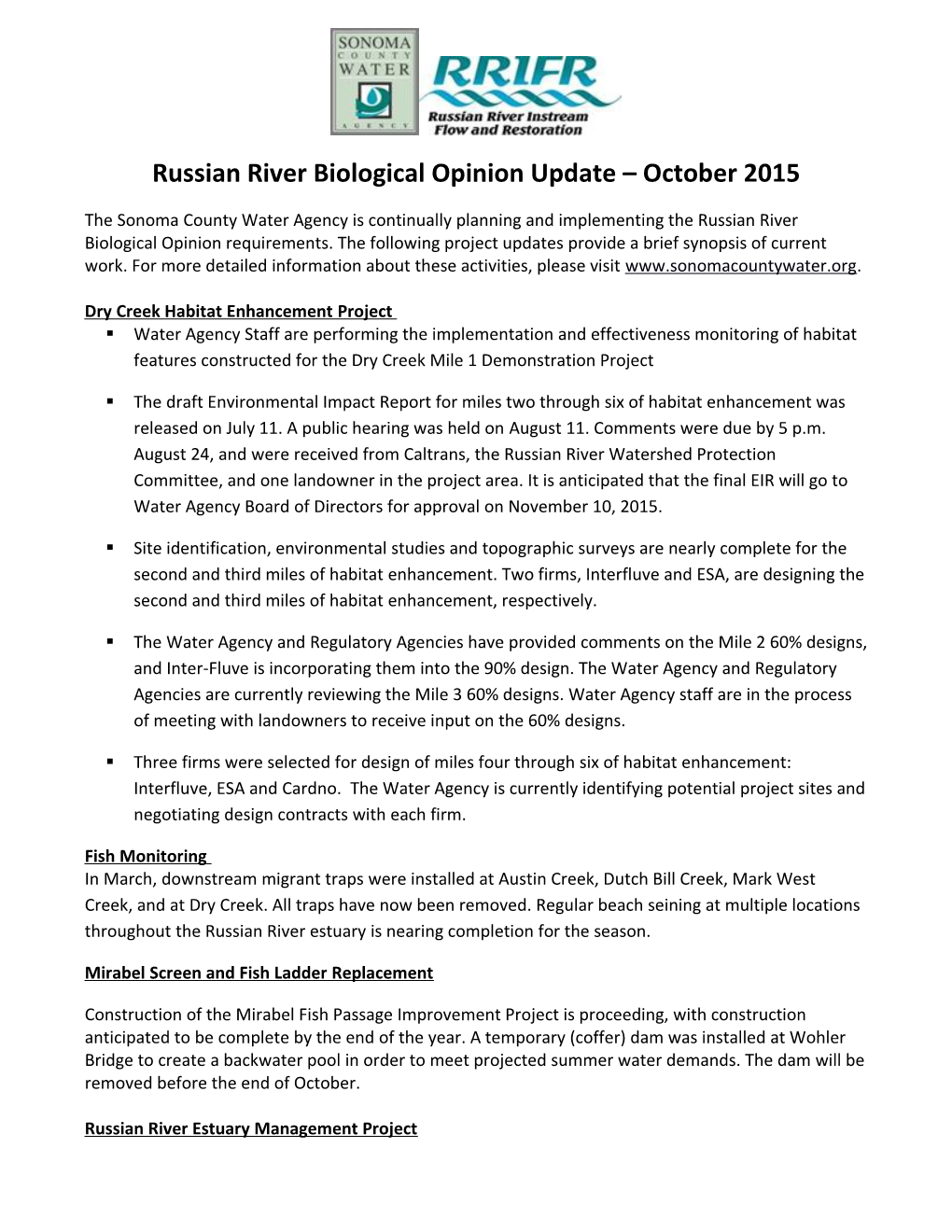 Russian River Biological Opinion Update October 2015