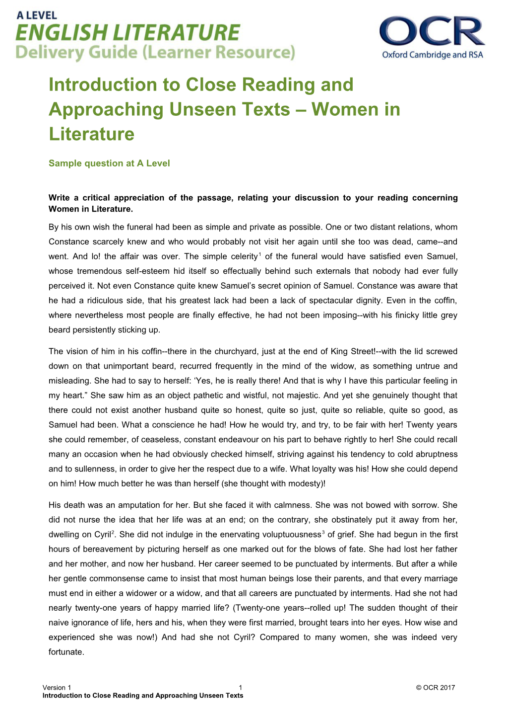 OCR a Level English Literature Delivery Guide Learner Resource Women in Literature