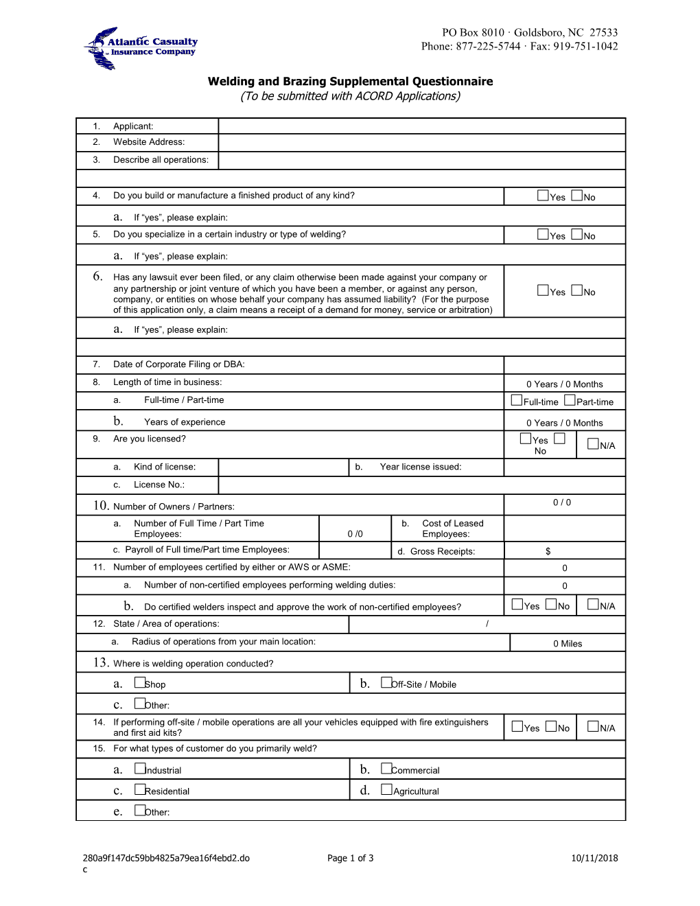 Welding and Brazing Supplemental Questionnaire