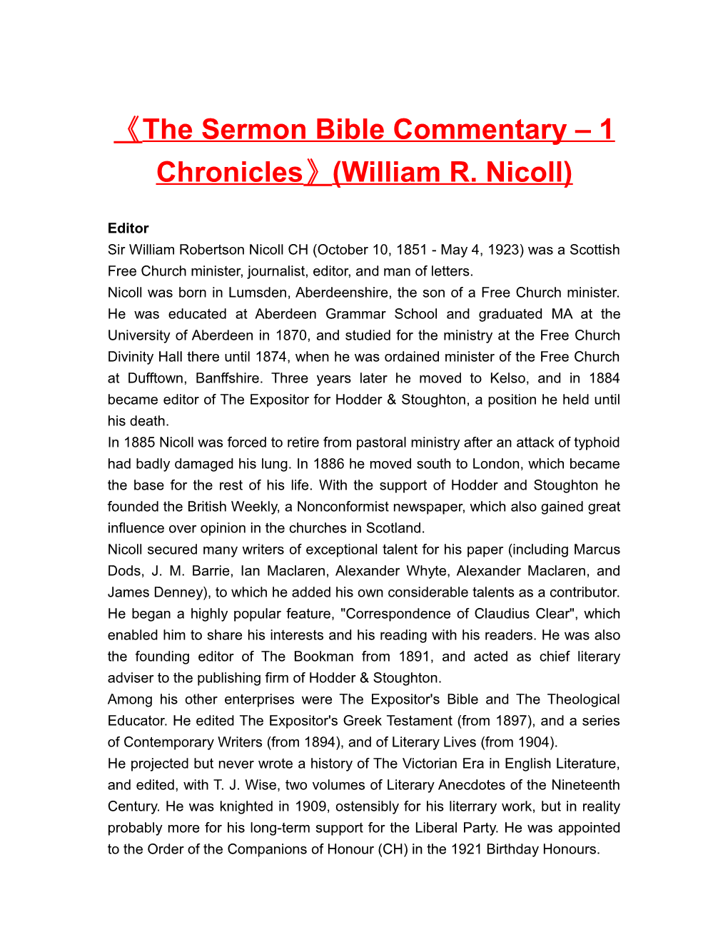 The Sermon Bible Commentary 1 Chronicles (William R. Nicoll)