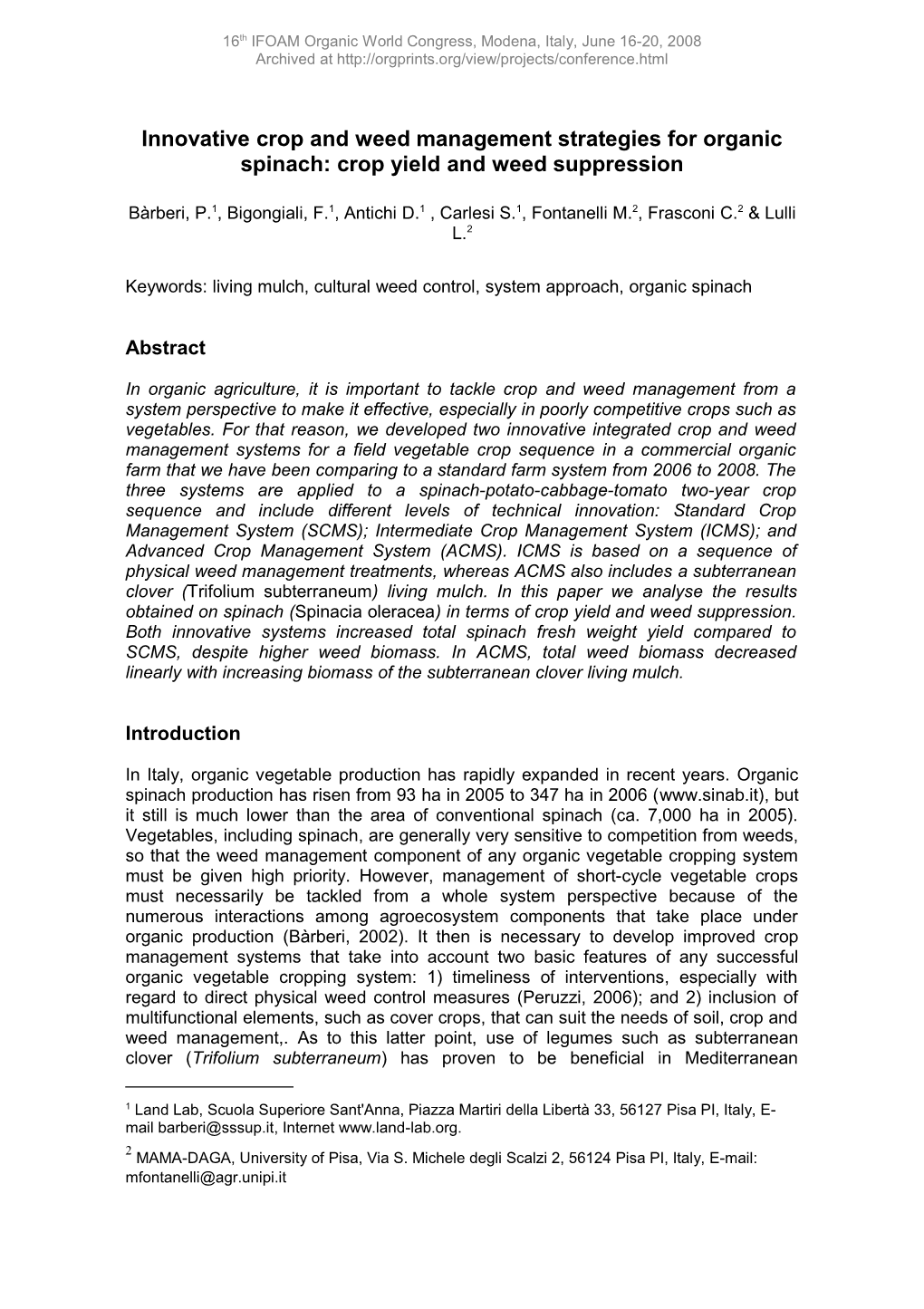 Innovative Crop and Weed Management Strategies for Organic Spinach: Crop Yield and Weed