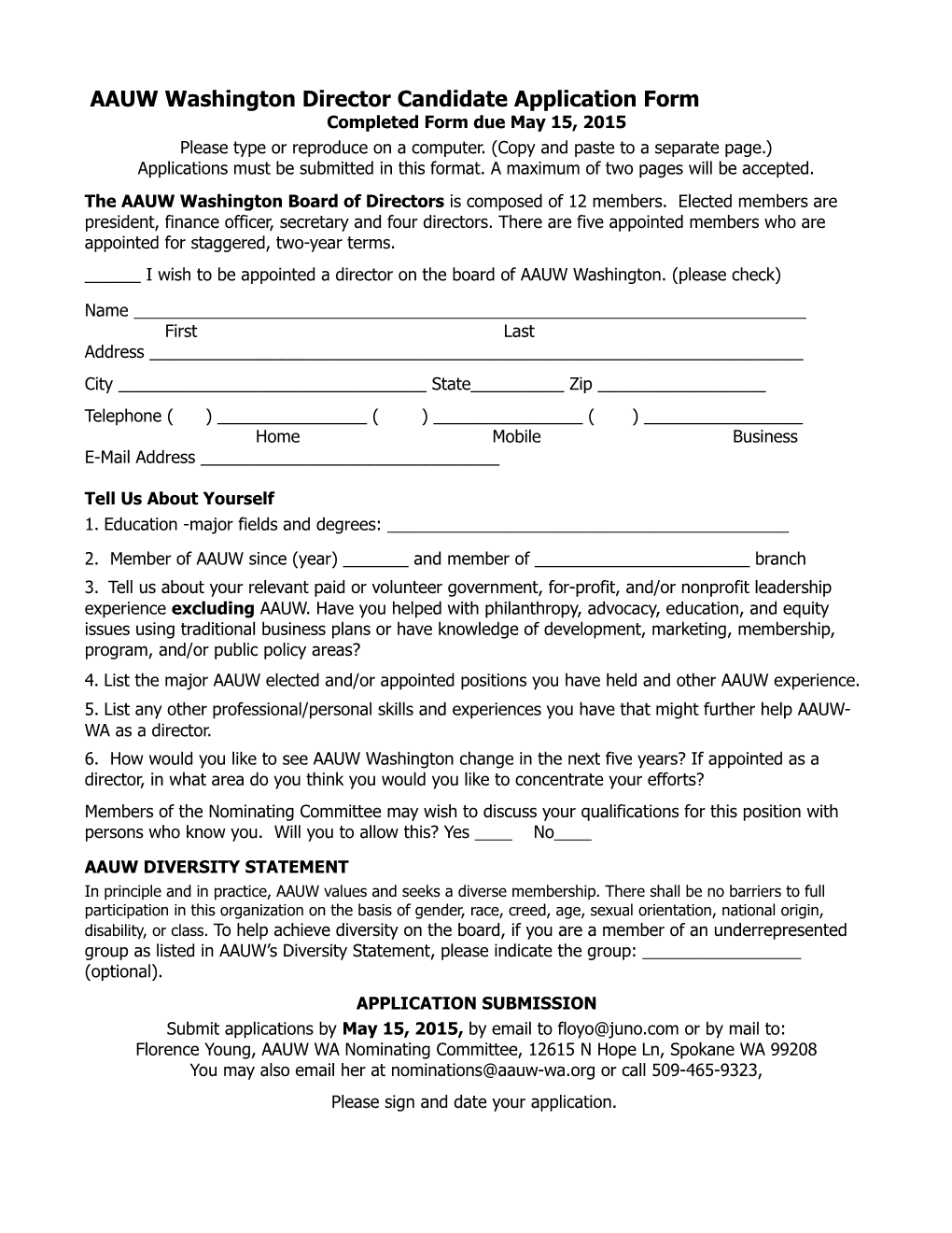 AAUW Washington Director Candidate Application Form