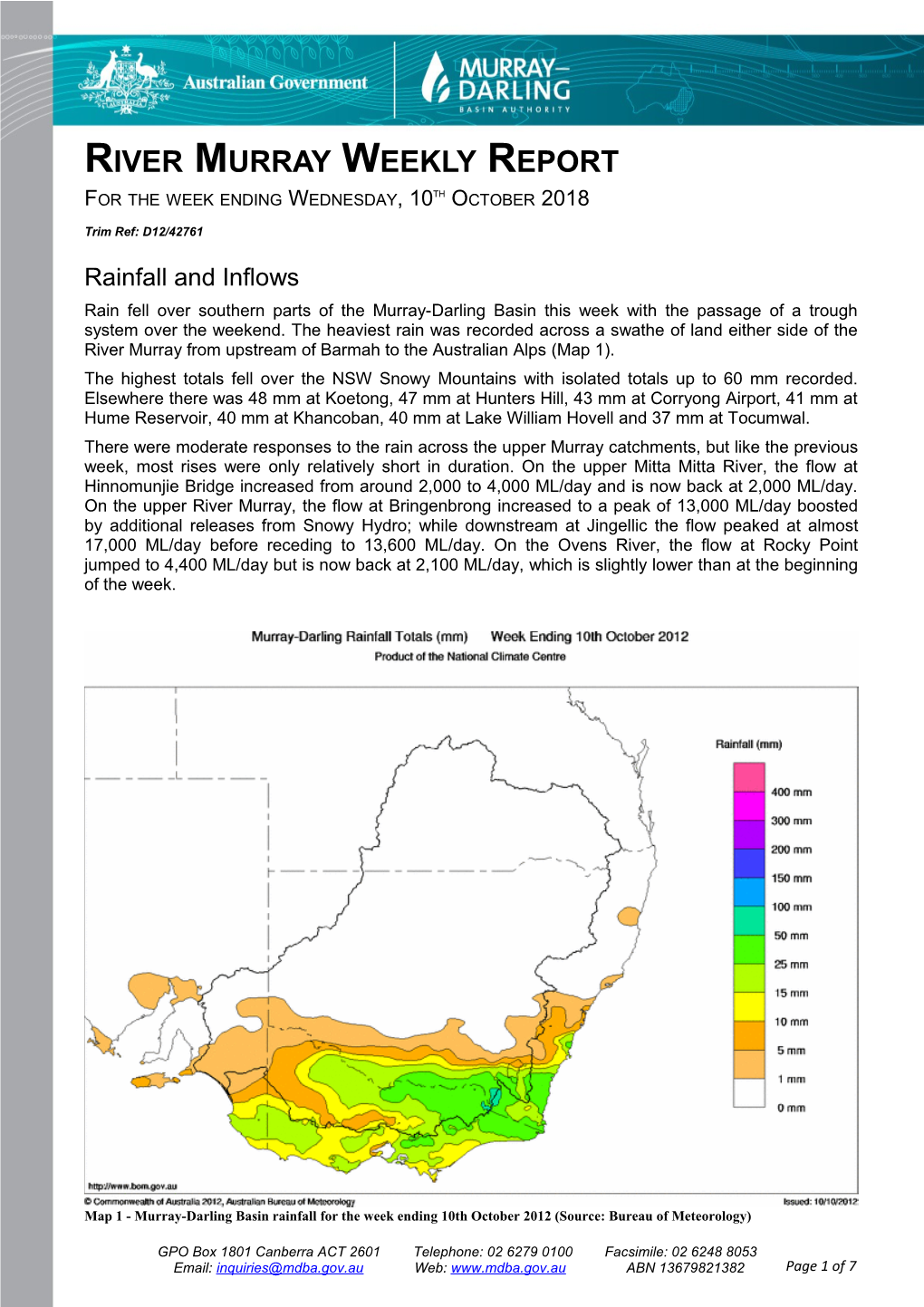 River Murray Operations Weekly Report 10Th October 2012