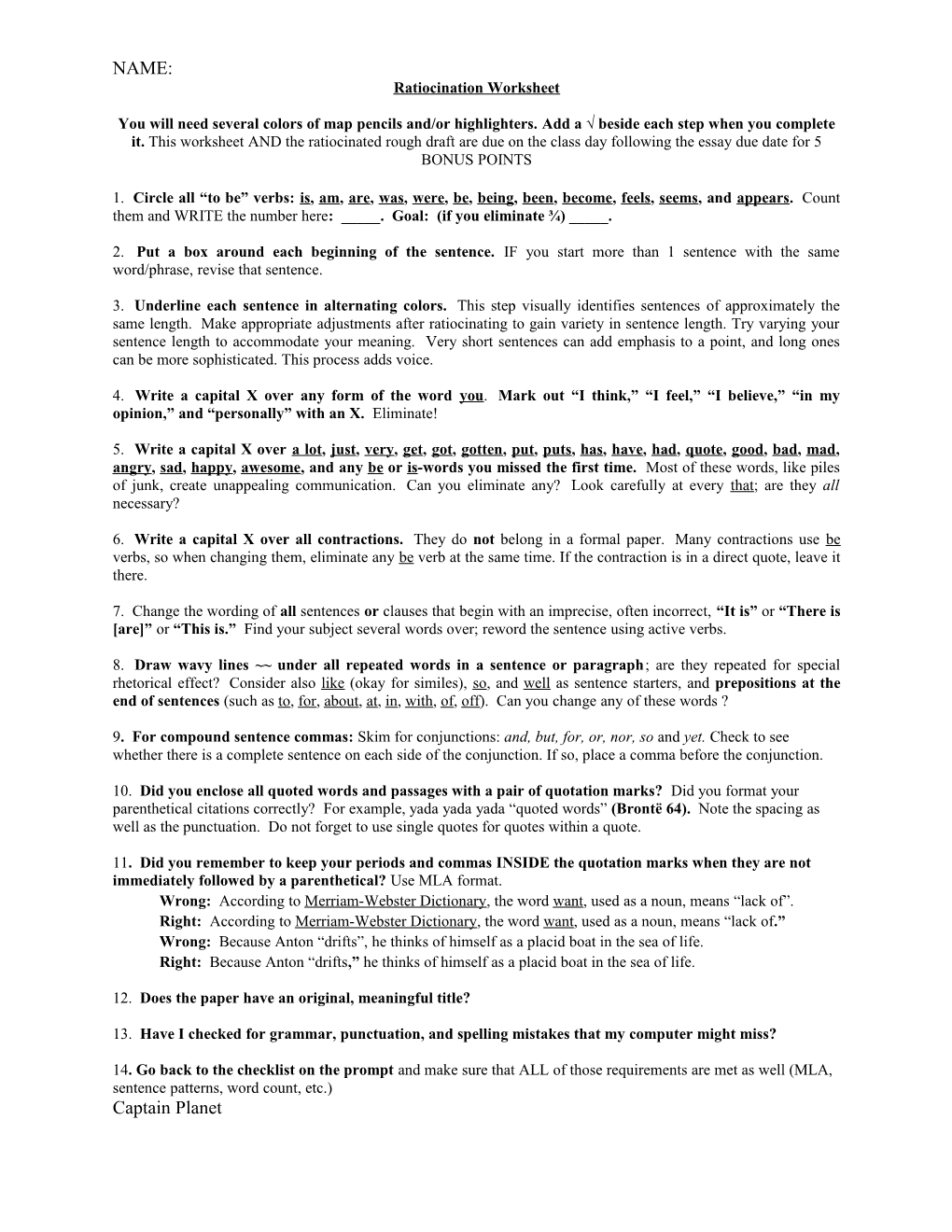 Ratiocination Worksheet