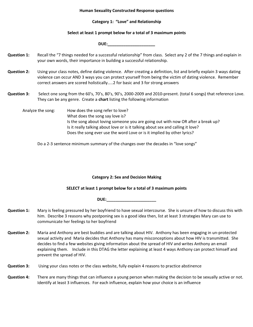 Human Sexuality Constructed Response Questions