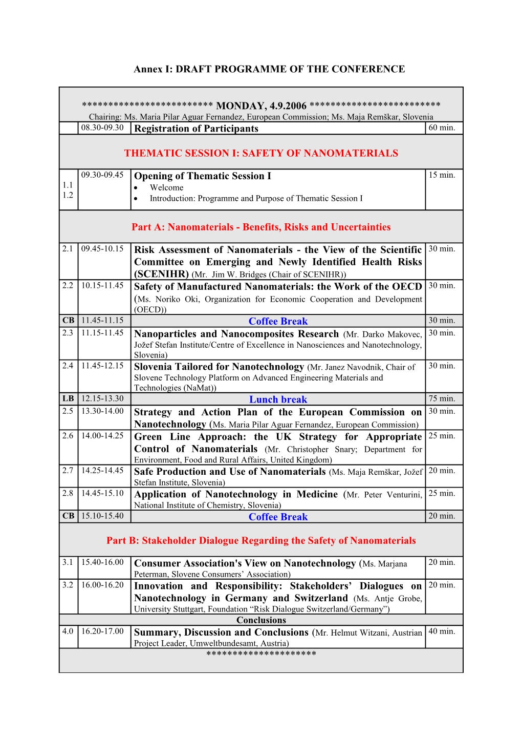 Annex I: DRAFT PROGRAMME of the CONFERENCE