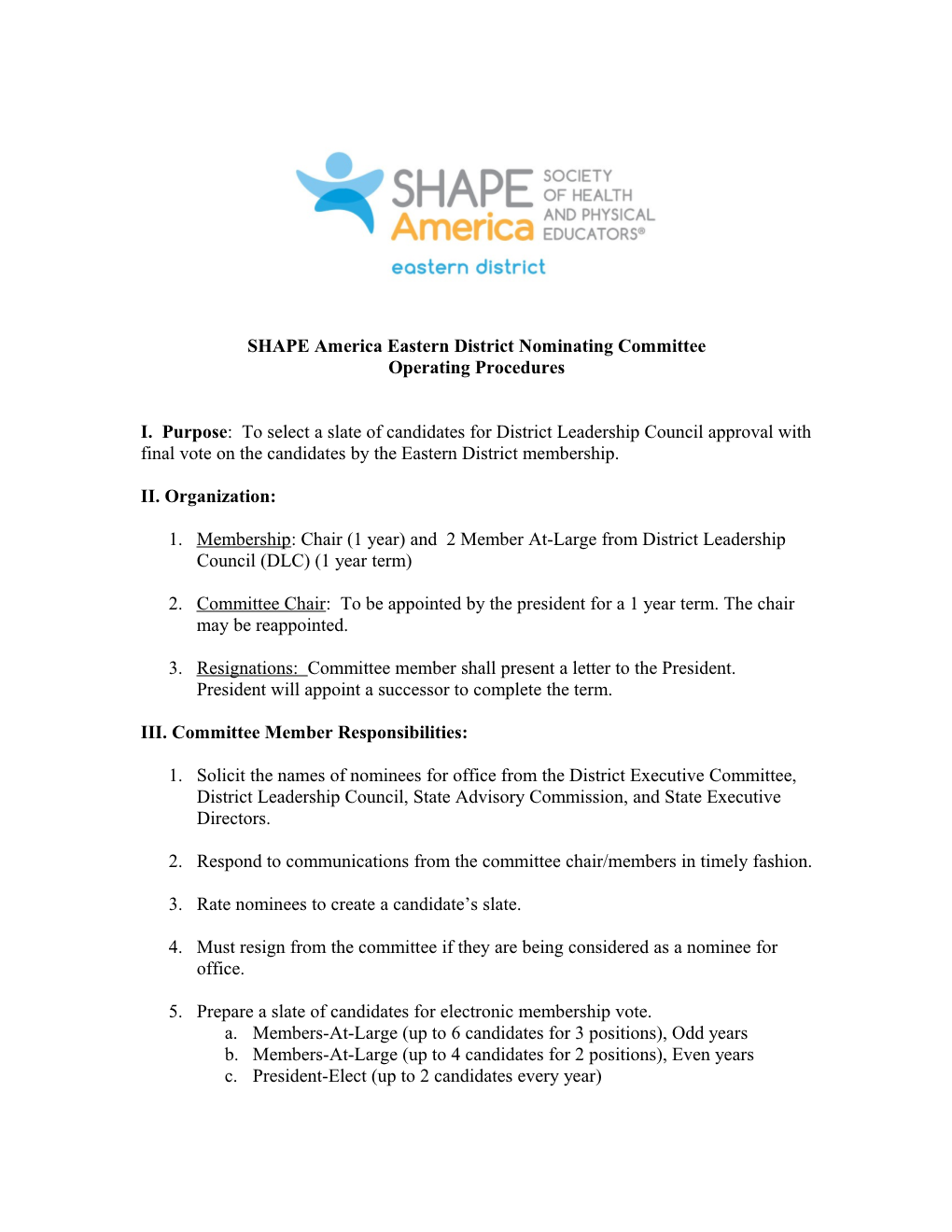 SHAPE America Eastern District Nominating Committee
