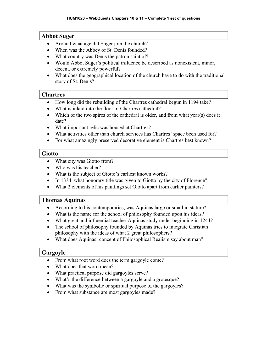 HUM1020 Webquests Chapters 10 & 11 Complete 1 Set of Questions