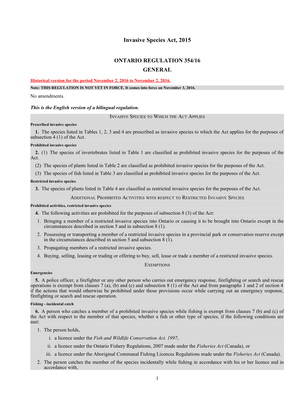 Invasive Species Act, 2015 - O. Reg. 354/16