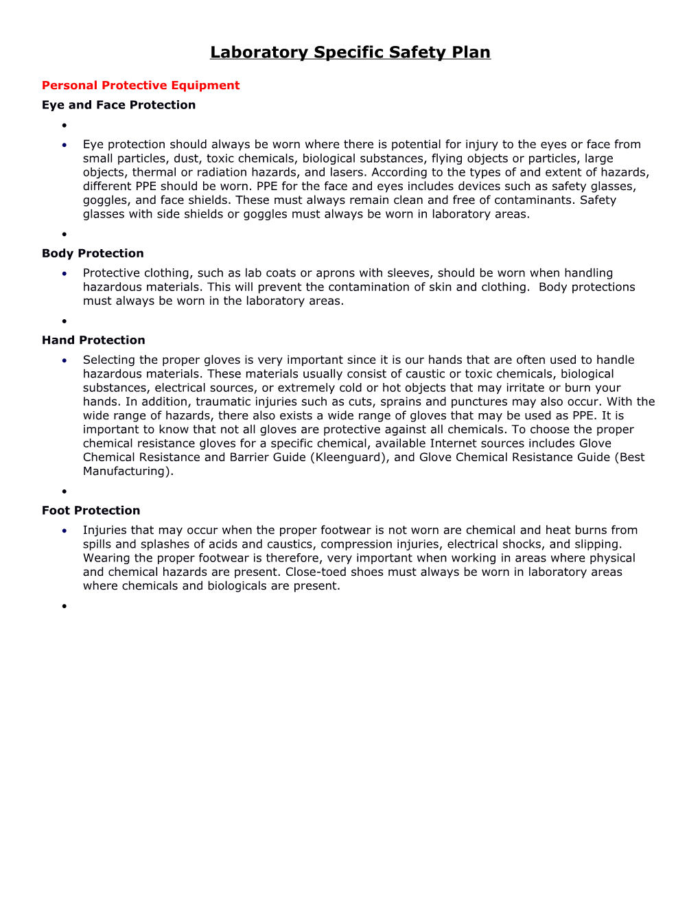 Laboratory Specific Safety Plan