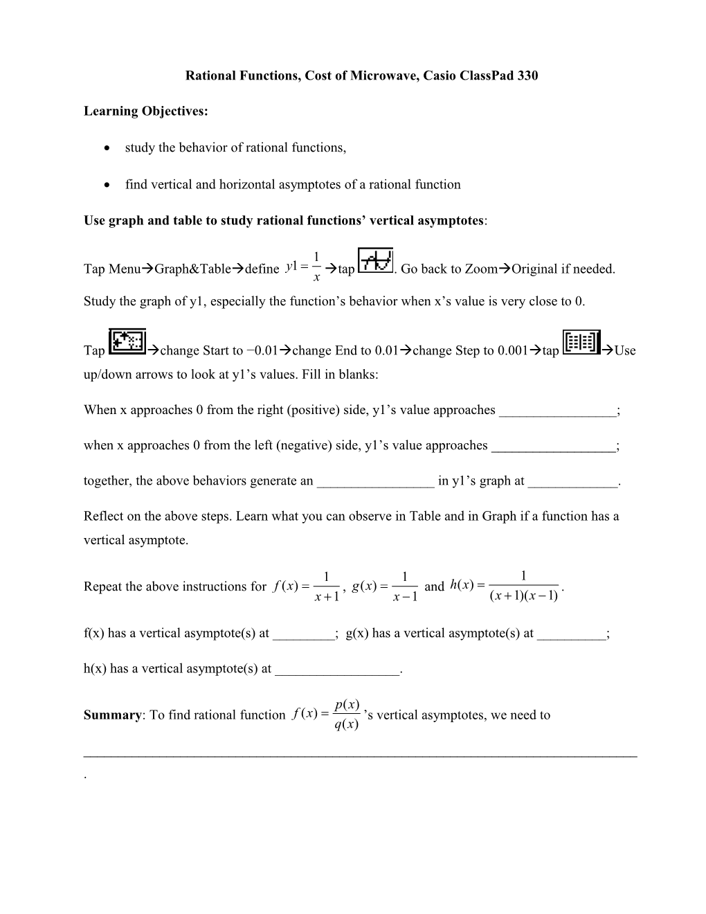 Rational Functions, Cost of Microwave, Casio Classpad 330