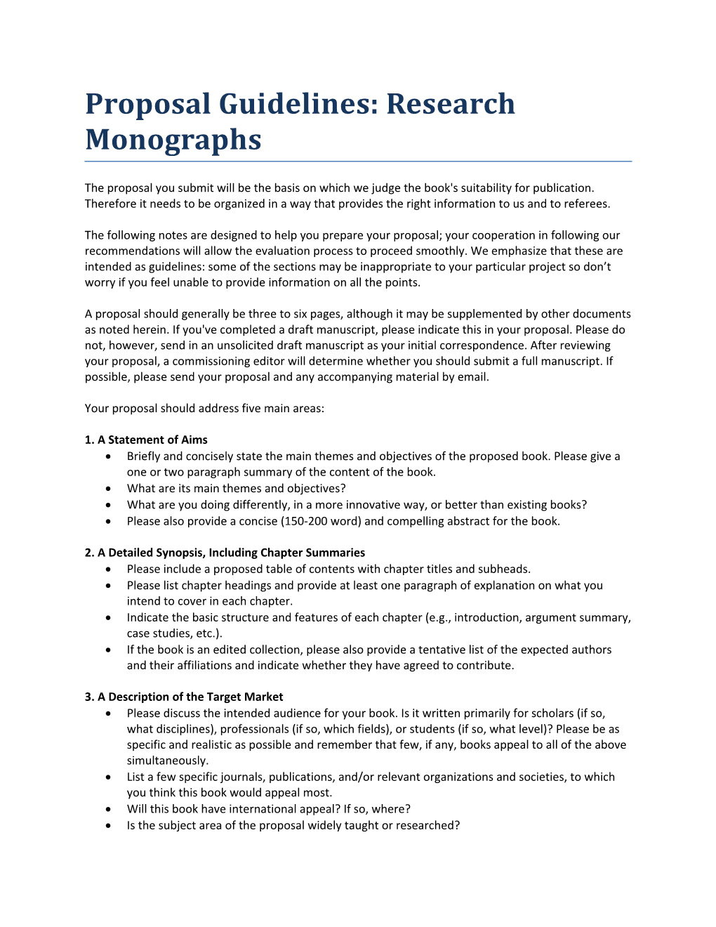 Proposal Guidelines: Research Monographs