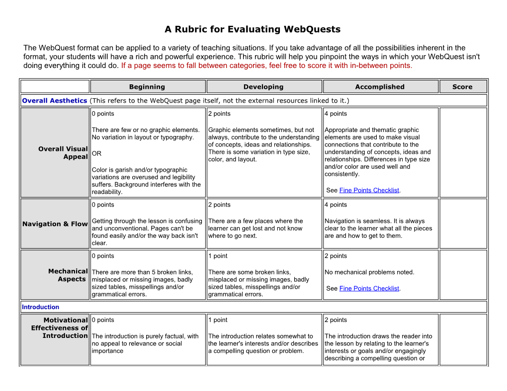 A Rubric for Evaluating Webquests