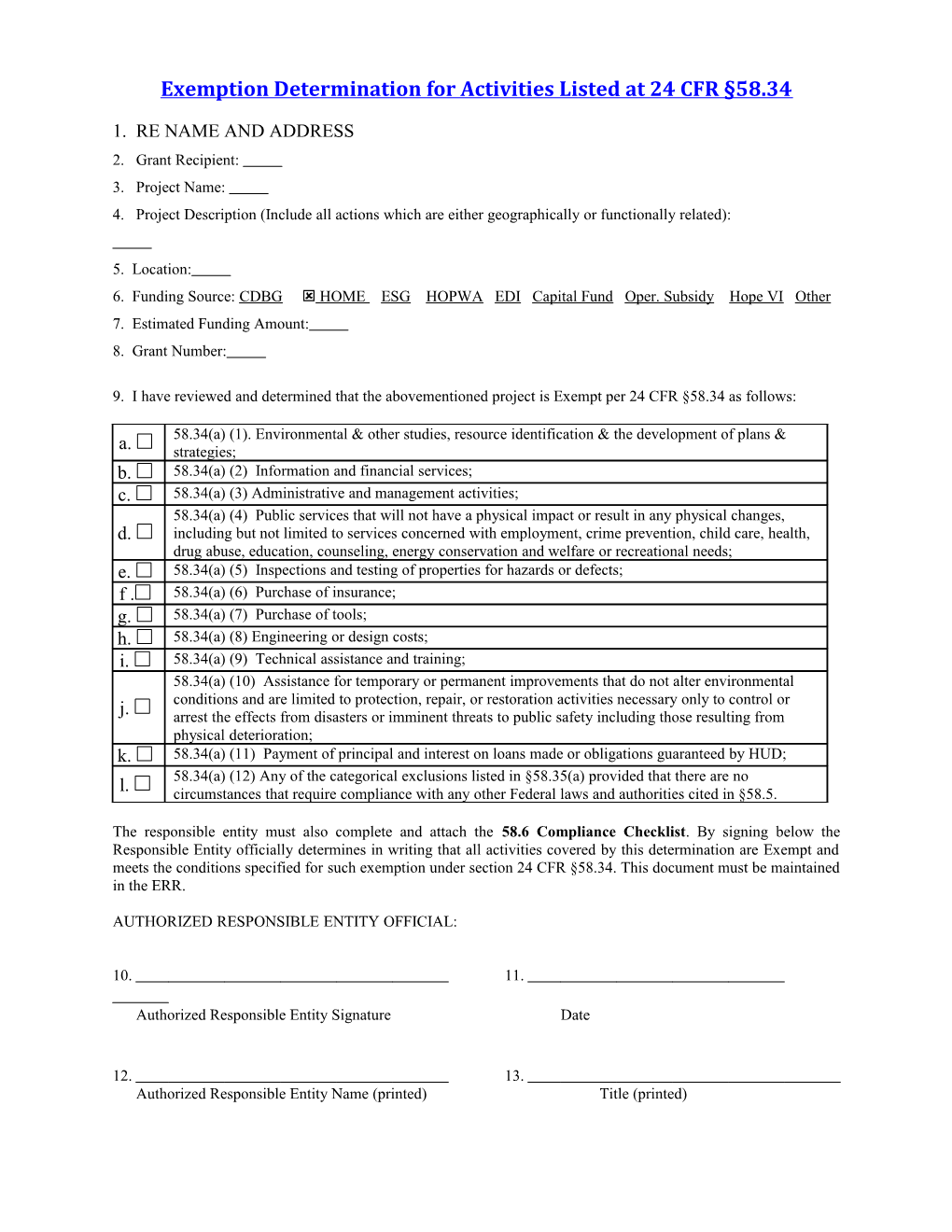 Exemption Determination for Activities Listed at 24 CFR 58.34