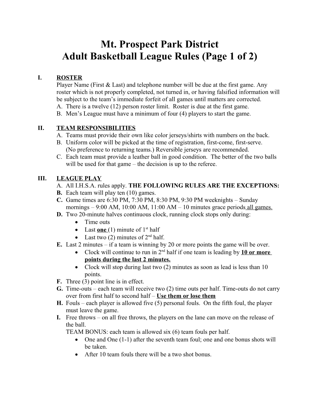 Adult Basketball League Rules (Page 1 of 2)