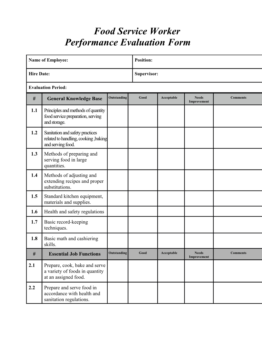 Food Service Workerperformance Evaluation Form