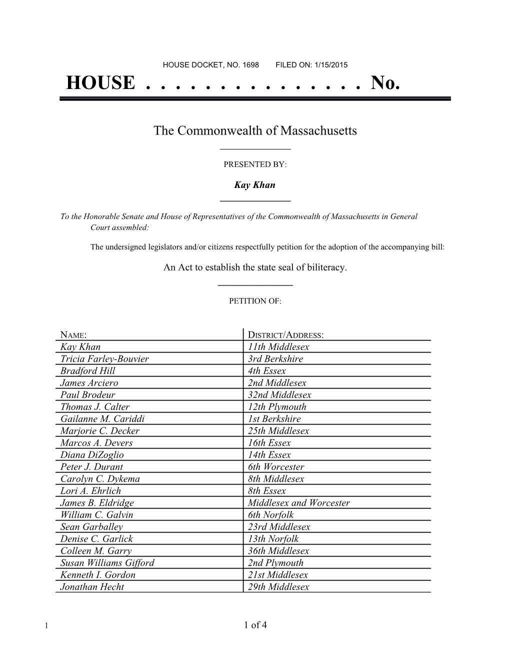 House Docket, No. 1698 Filed On: 1/15/2015