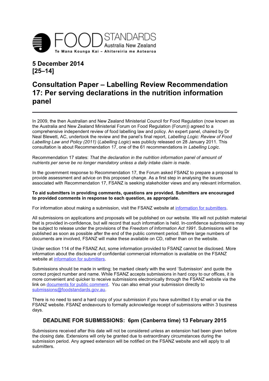 Consultation Paper Labelling Review Recommendation 17: Per Serving Declarations in The