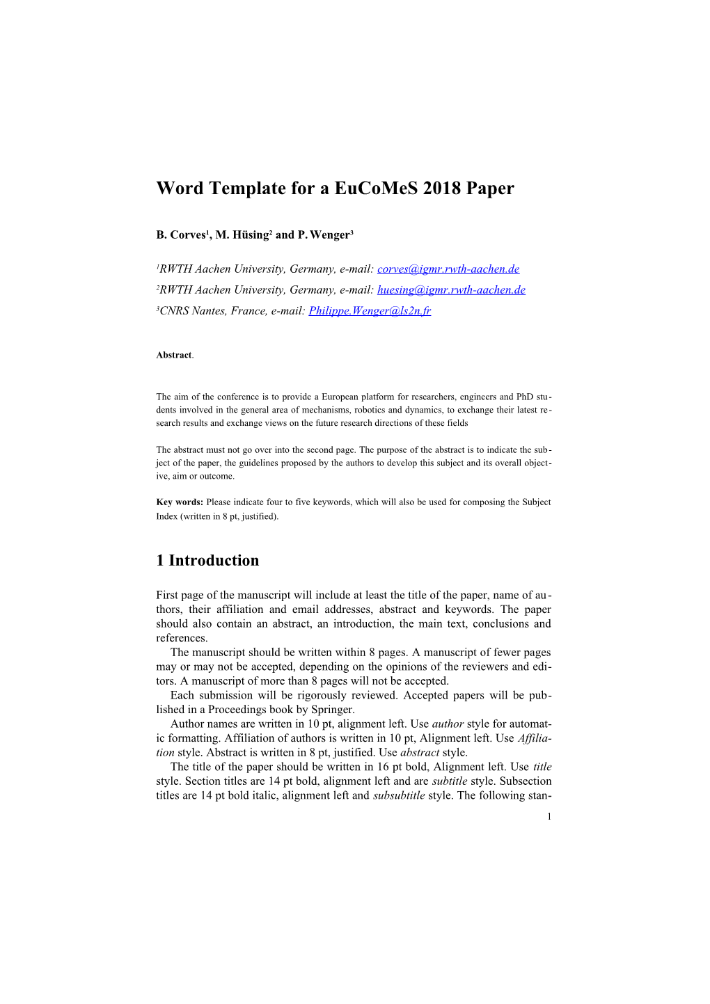 Latex Template for an EUCOMES 2010 Paper