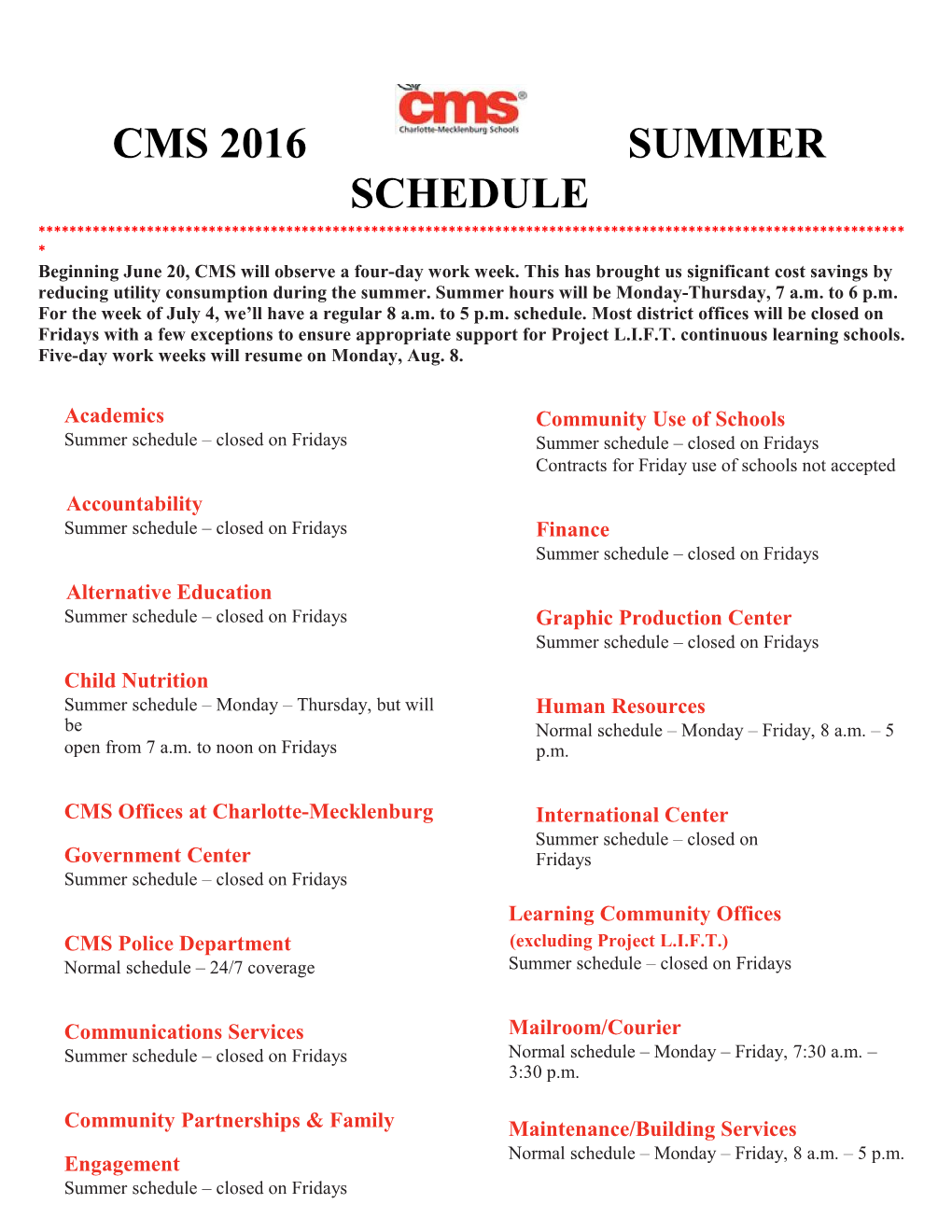 CMS Summer Calendar