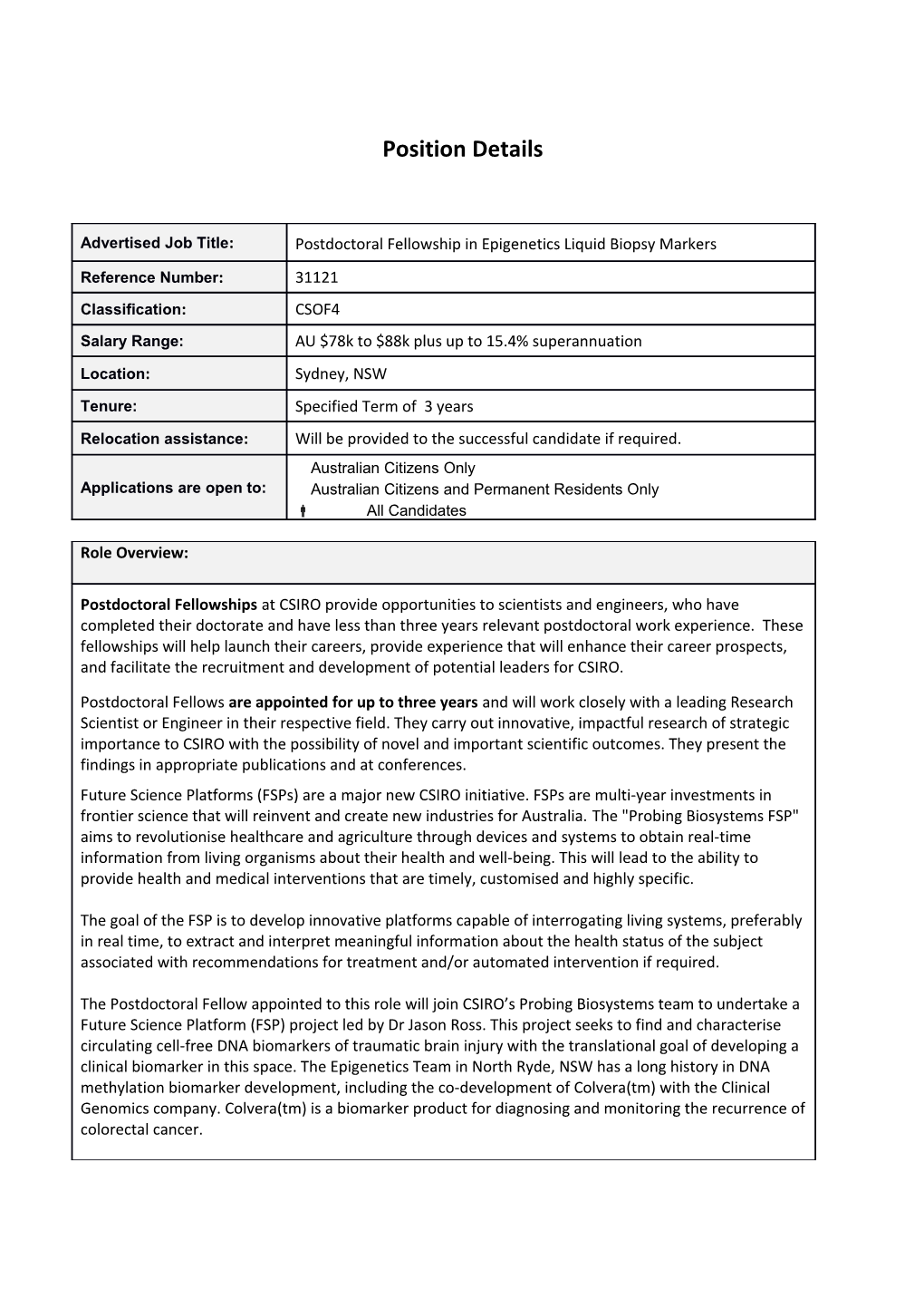 Recruitment - Position Details - Role Summary for Potential Applications