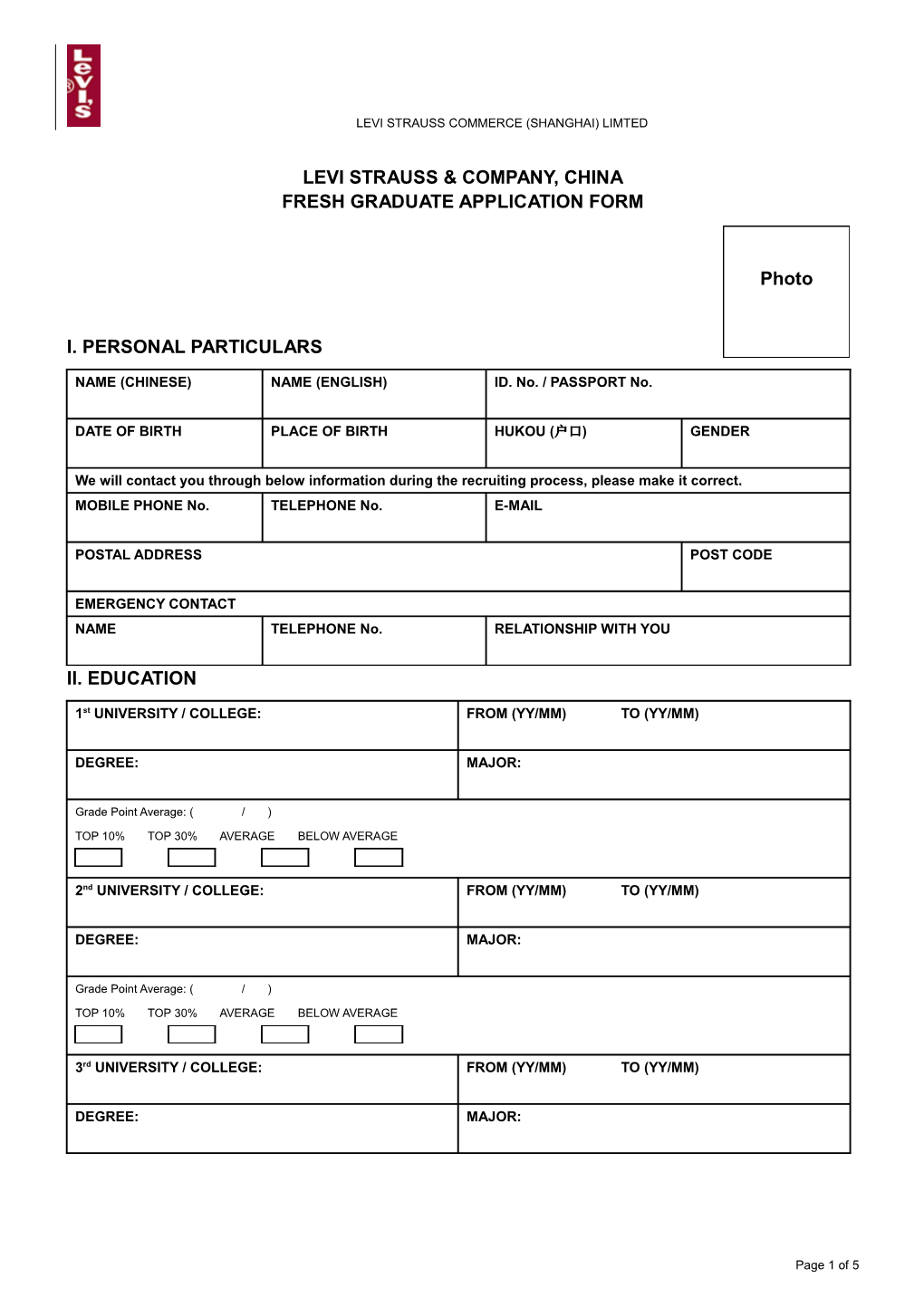 Levi Strauss Commerce Application Form