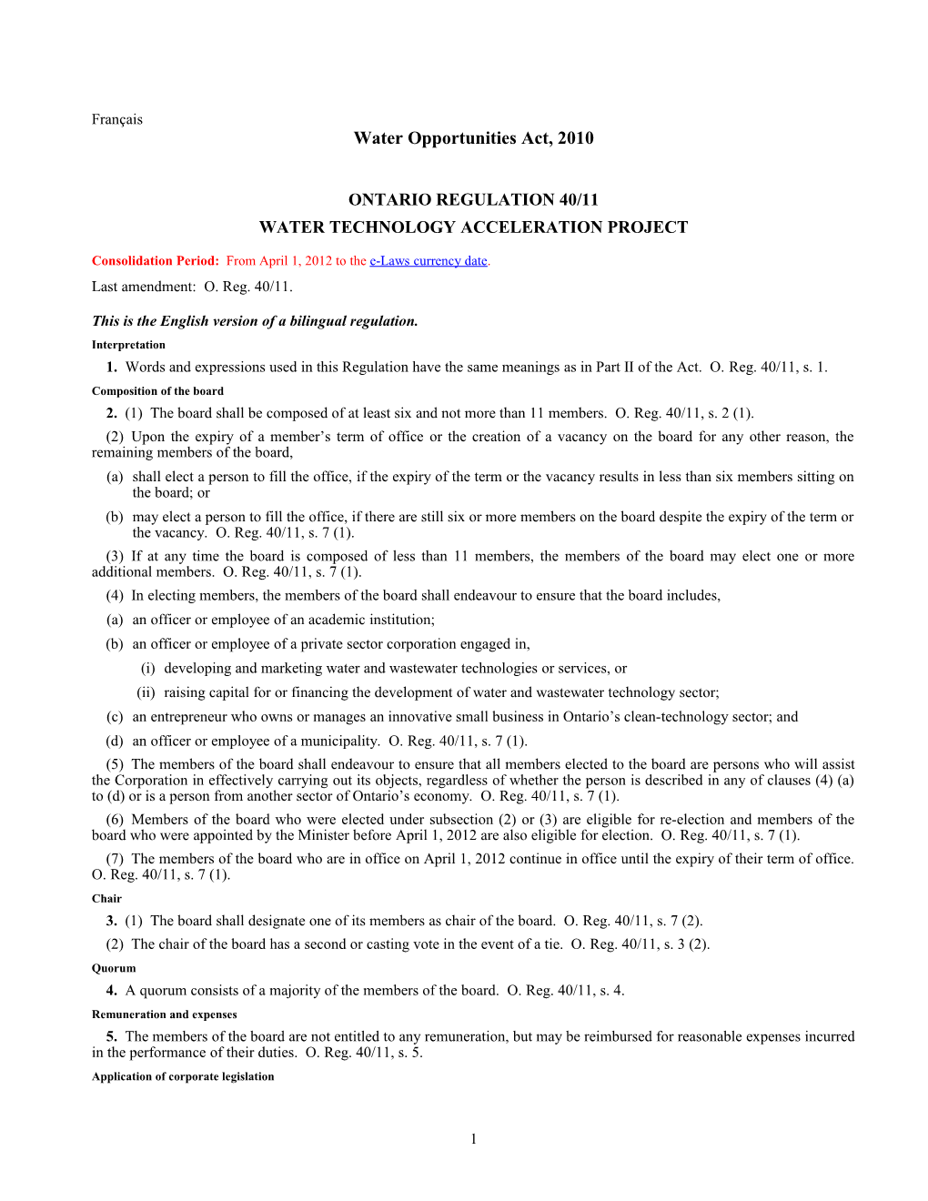 Water Opportunities Act, 2010 - O. Reg. 40/11