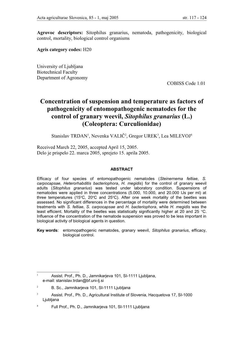 TRDAN, S. in Sod.: Concentration of Suspension and Temperature As Factors