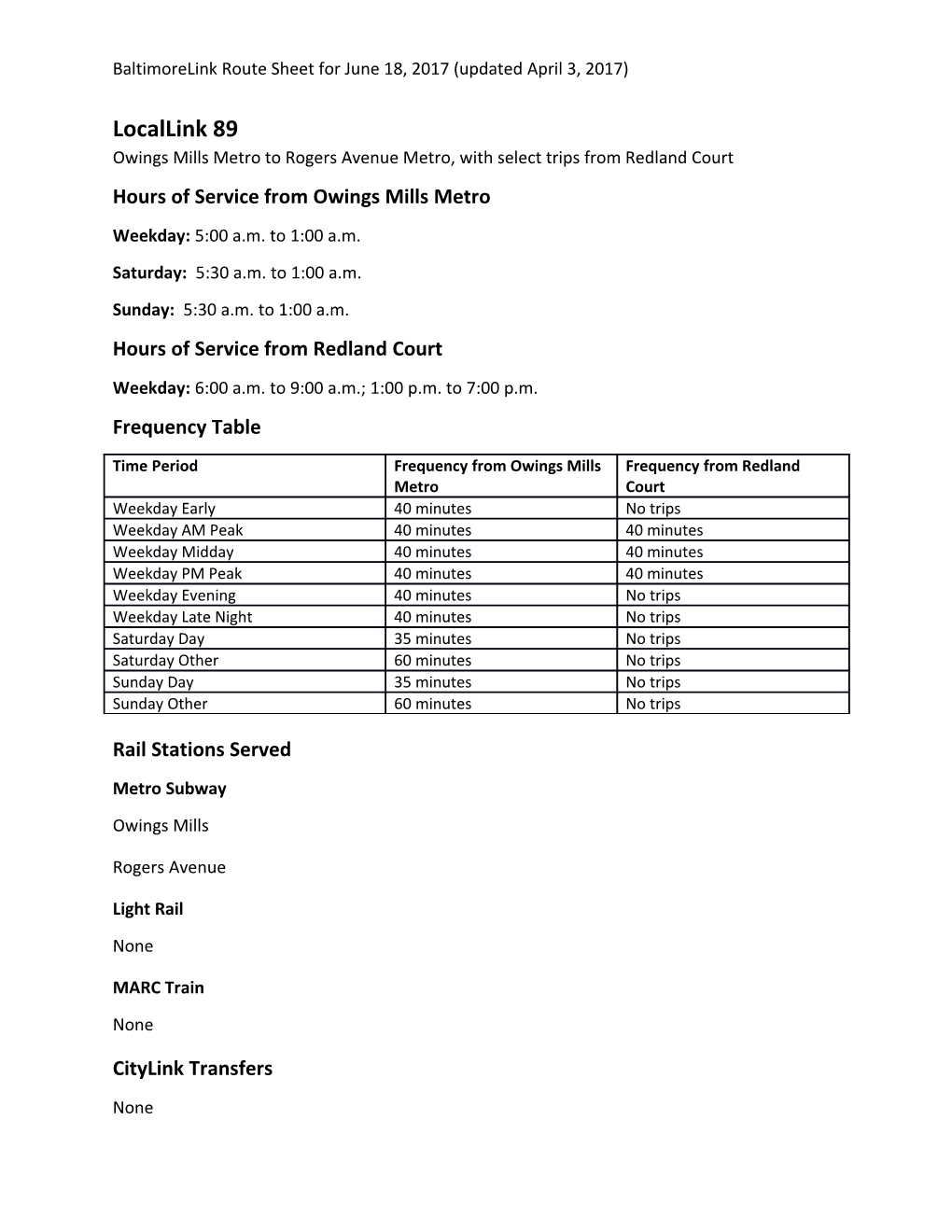 Hours of Service from Owings Mills Metro