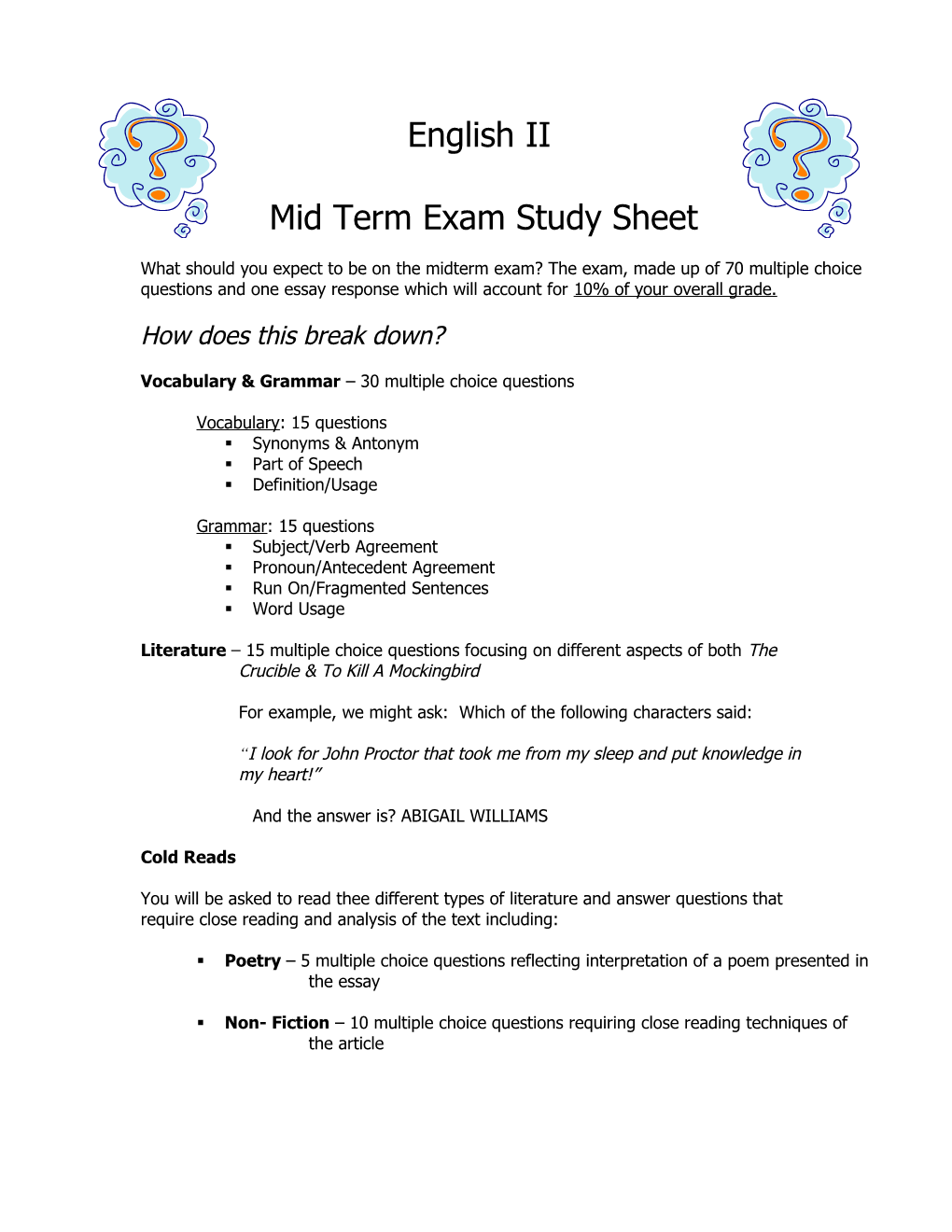 Mid Term Exam Study Sheet