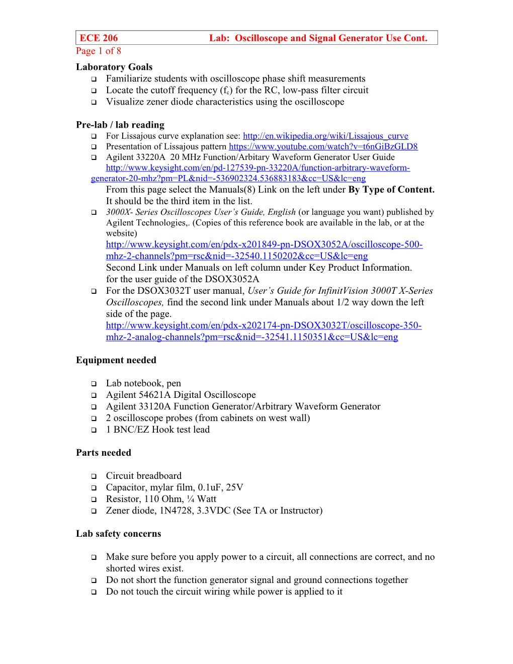 ECE 206 Lab: Oscilloscope and Signal Generator Use Cont