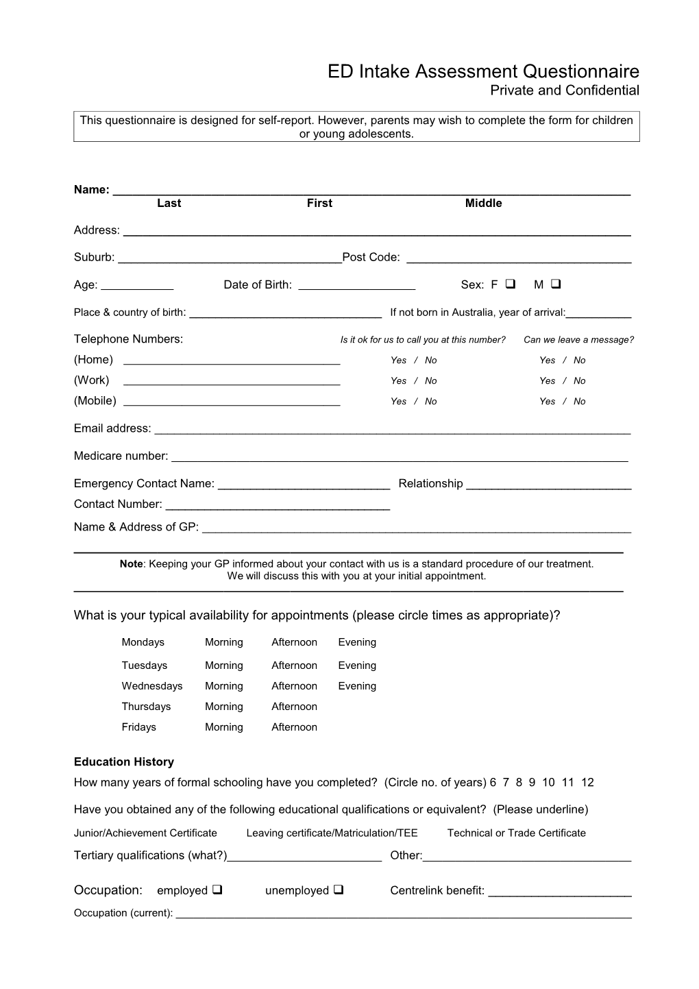 Psychiatric Assessment Questionnaire