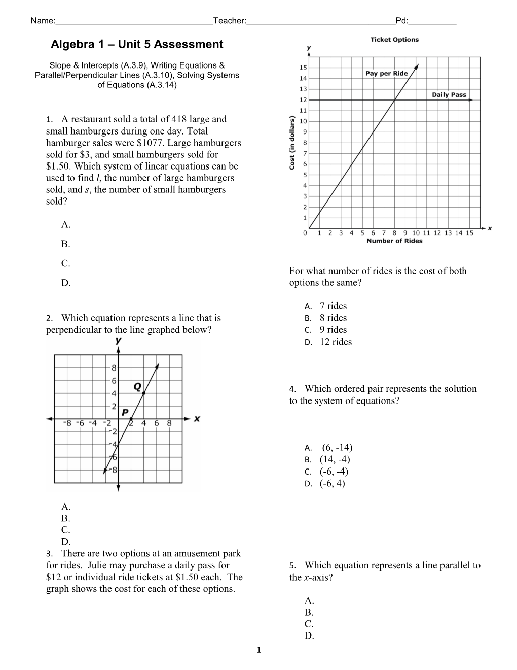 Algebra 1 Unit 5 Assessment