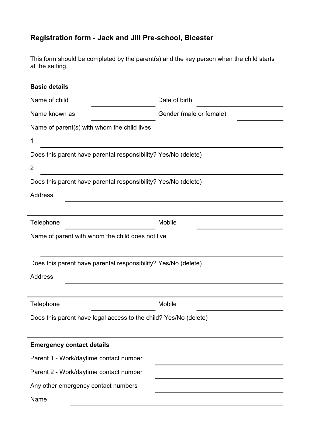 Registration Form - Jack and Jill Pre-School, Bicester