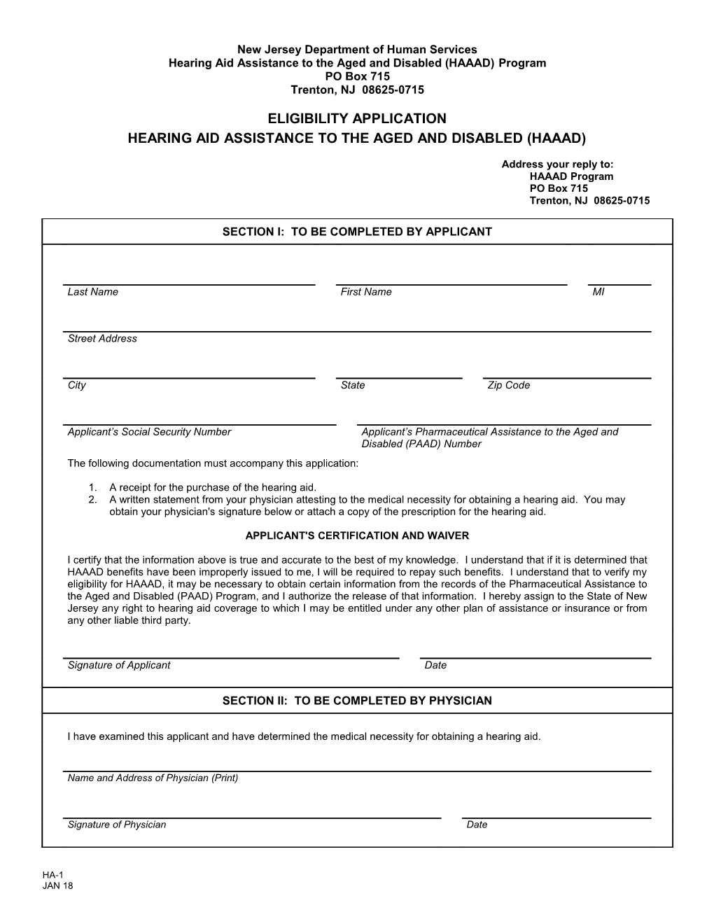 HA-1, Eligibility Application, Hearing Aid Assistance to the Aged and Disabled (HAAAD)