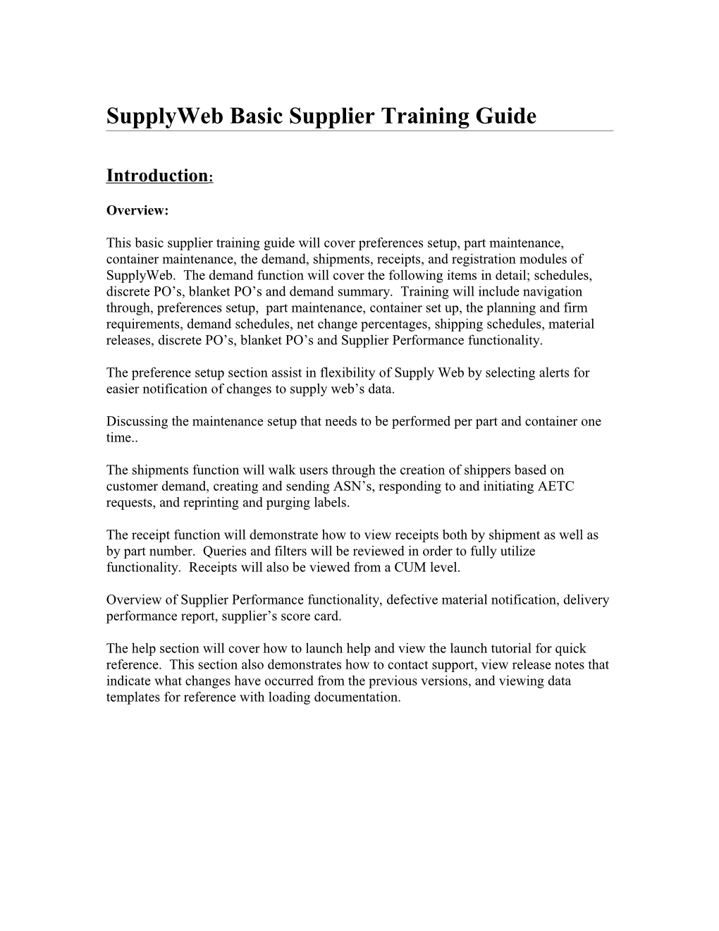 Supplyweb Basic Supplier Training Guide